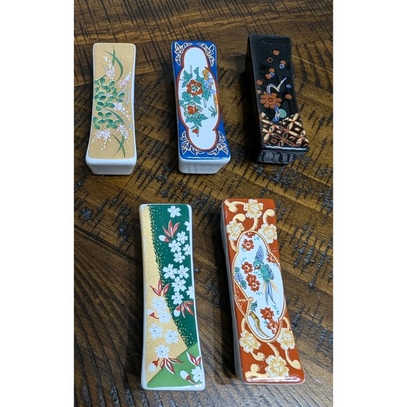 Other - Vintage Japanese Porcelain Hashioki Chopstick Rests Set of 5 Floral Bird Boxed